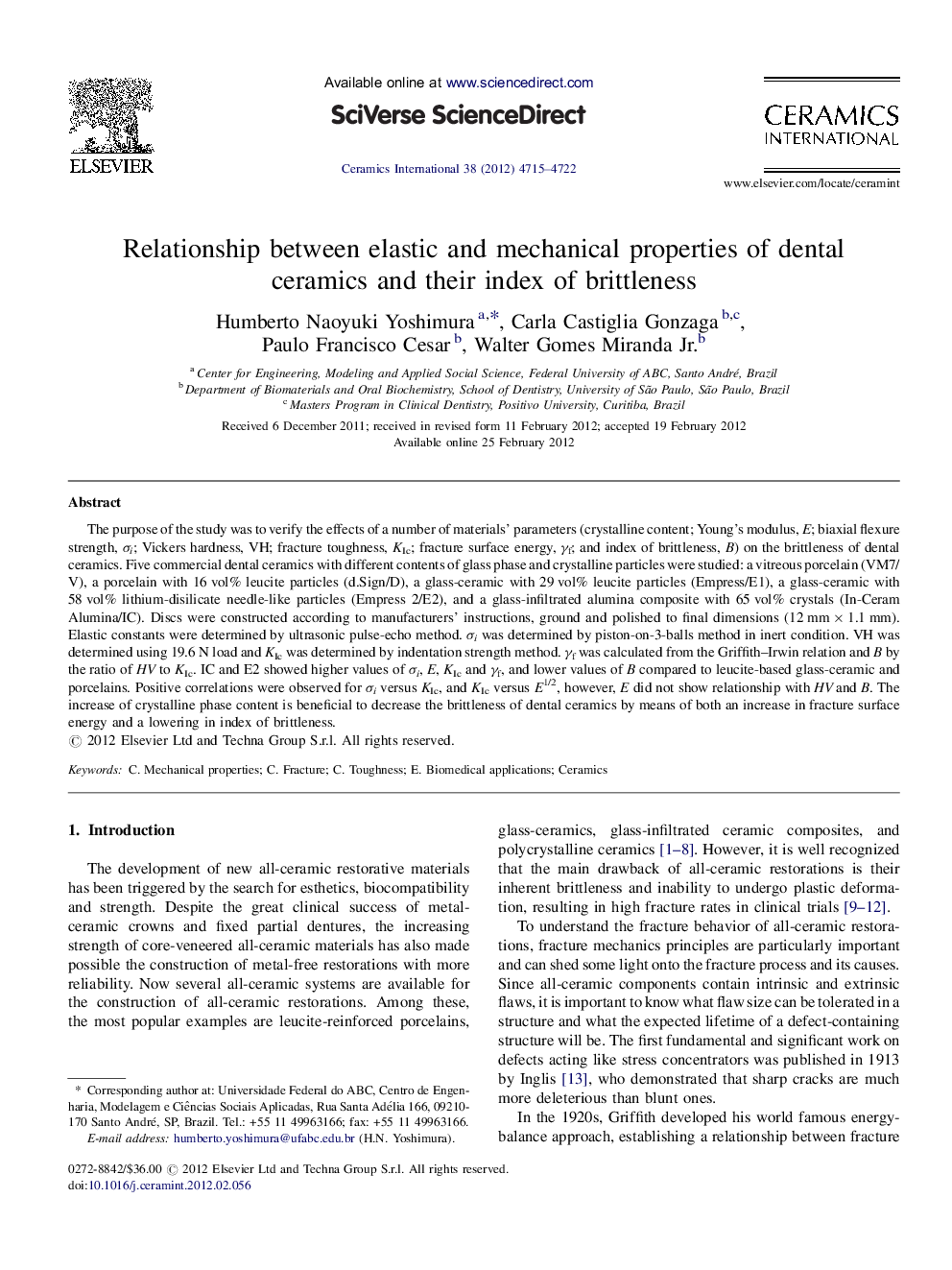 Relationship between elastic and mechanical properties of dental ceramics and their index of brittleness