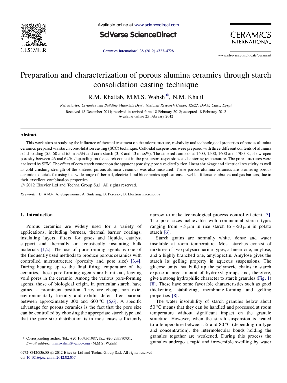 Preparation and characterization of porous alumina ceramics through starch consolidation casting technique