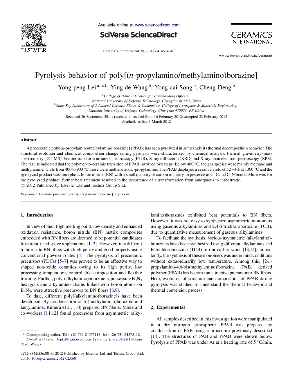 Pyrolysis behavior of poly[(n-propylamino/methylamino)borazine]