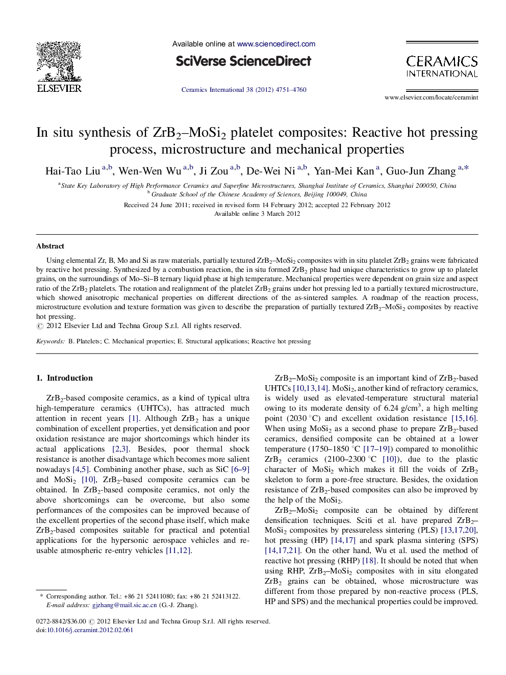 In situ synthesis of ZrB2–MoSi2 platelet composites: Reactive hot pressing process, microstructure and mechanical properties