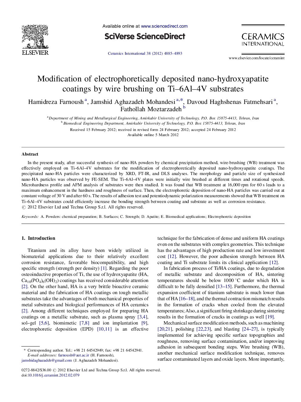 Modification of electrophoretically deposited nano-hydroxyapatite coatings by wire brushing on Ti–6Al–4V substrates