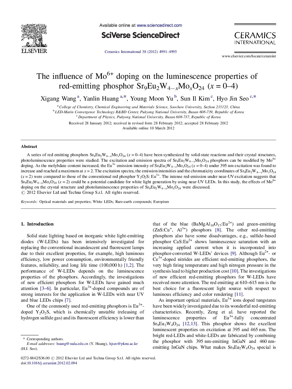 The influence of Mo6+ doping on the luminescence properties of red-emitting phosphor Sr9Eu2W4−xMoxO24 (x = 0–4)