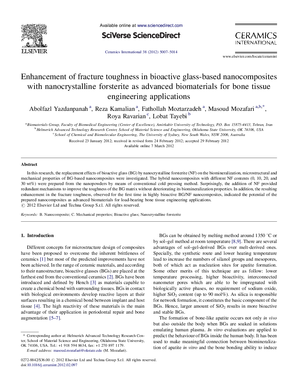 Enhancement of fracture toughness in bioactive glass-based nanocomposites with nanocrystalline forsterite as advanced biomaterials for bone tissue engineering applications