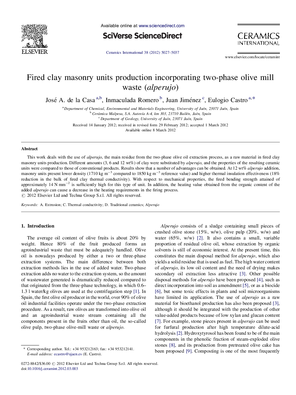 Fired clay masonry units production incorporating two-phase olive mill waste (alperujo)