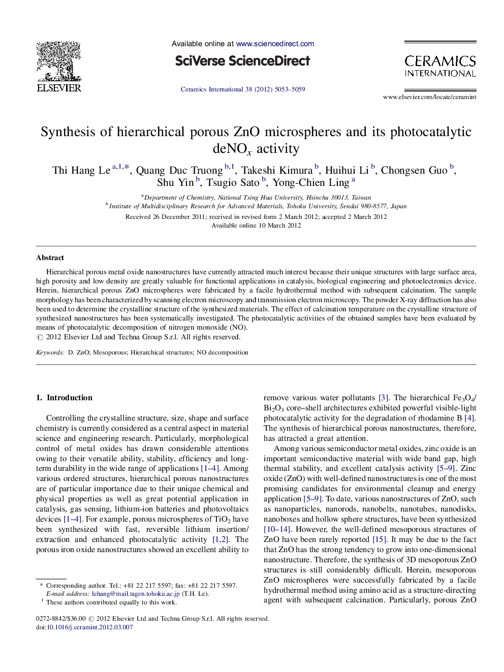 Synthesis of hierarchical porous ZnO microspheres and its photocatalytic deNOx activity