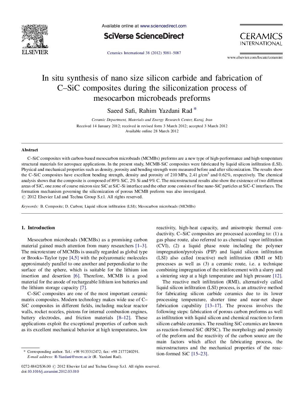 In situ synthesis of nano size silicon carbide and fabrication of CSiC composites during the siliconization process of mesocarbon microbeads preforms