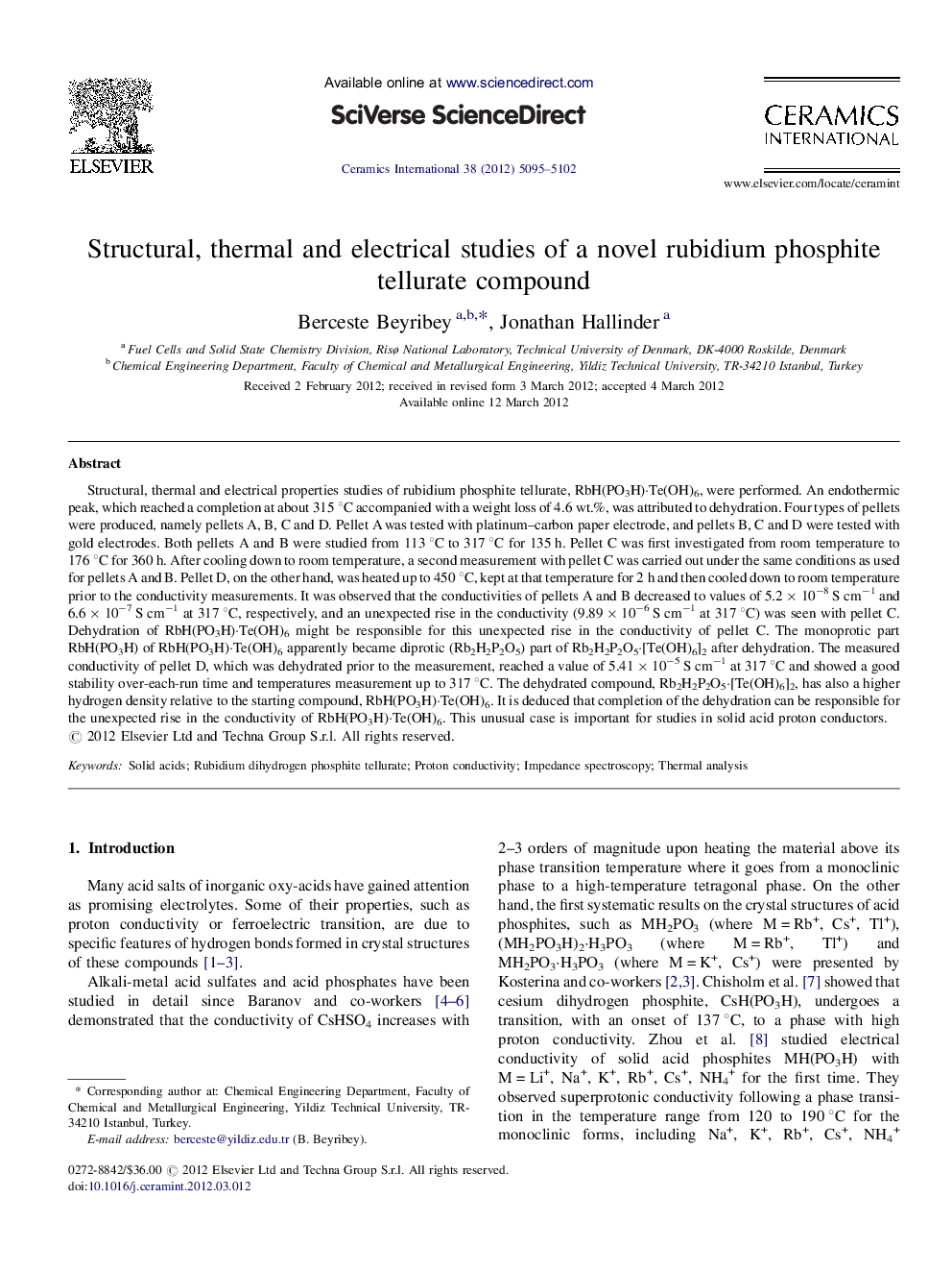 Structural, thermal and electrical studies of a novel rubidium phosphite tellurate compound