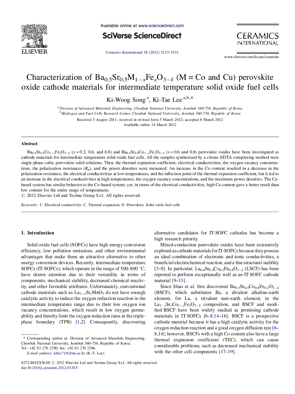 Characterization of Ba0.5Sr0.5M1−xFexO3−δ (M = Co and Cu) perovskite oxide cathode materials for intermediate temperature solid oxide fuel cells