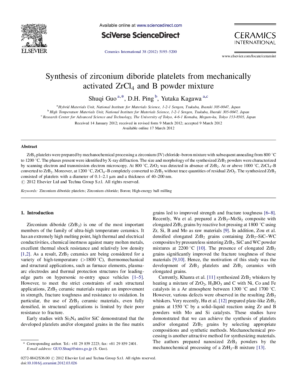 Synthesis of zirconium diboride platelets from mechanically activated ZrCl4 and B powder mixture