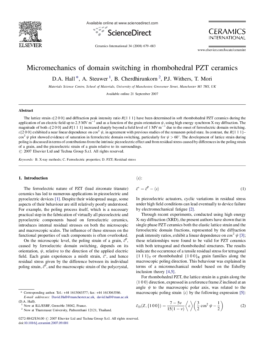 Micromechanics of domain switching in rhombohedral PZT ceramics