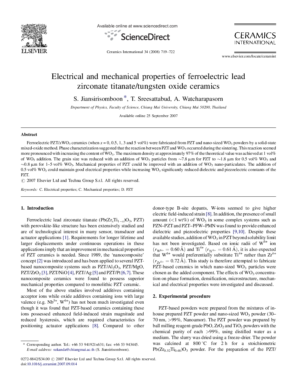 Electrical and mechanical properties of ferroelectric lead zirconate titanate/tungsten oxide ceramics