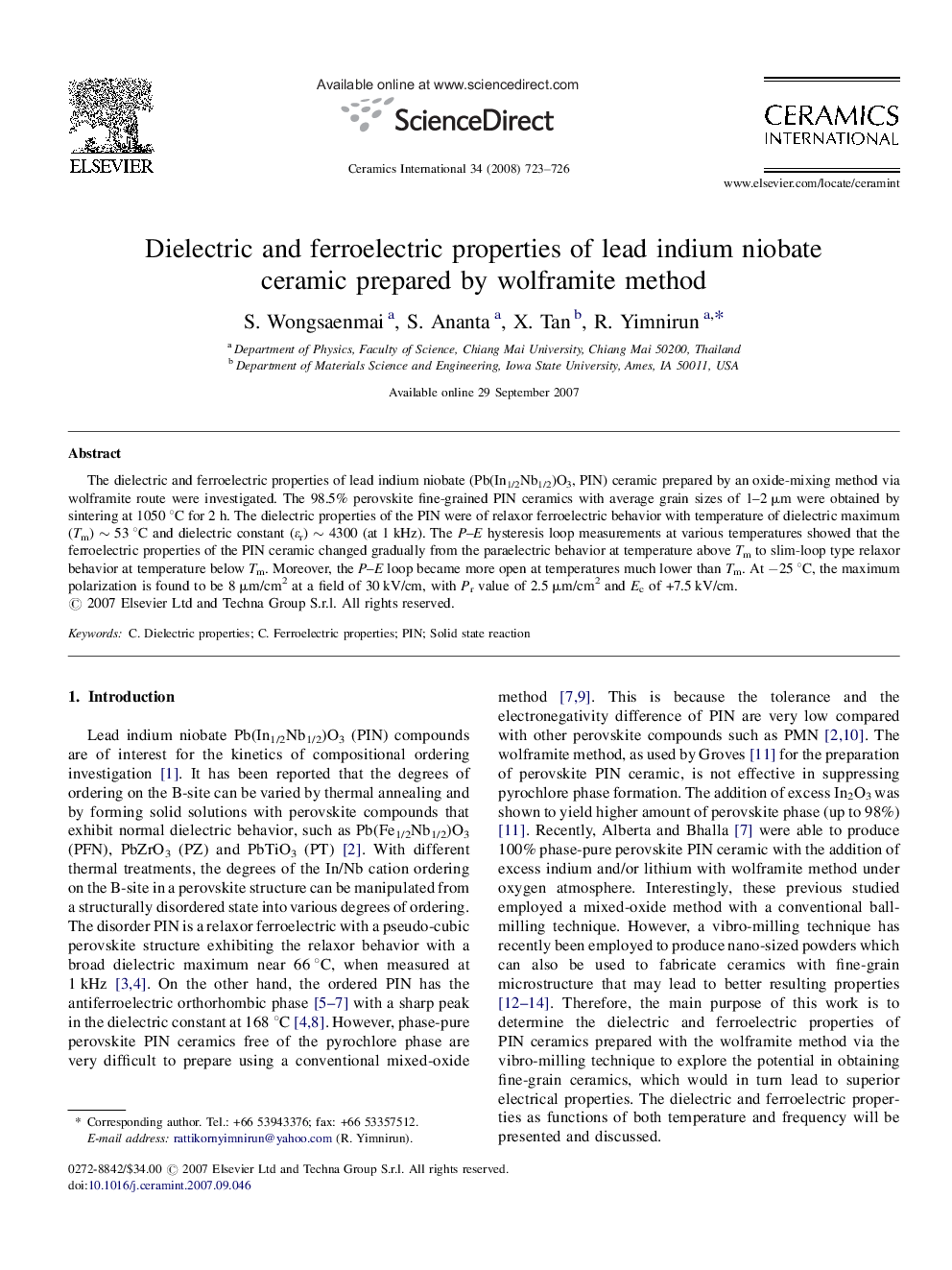 Dielectric and ferroelectric properties of lead indium niobate ceramic prepared by wolframite method