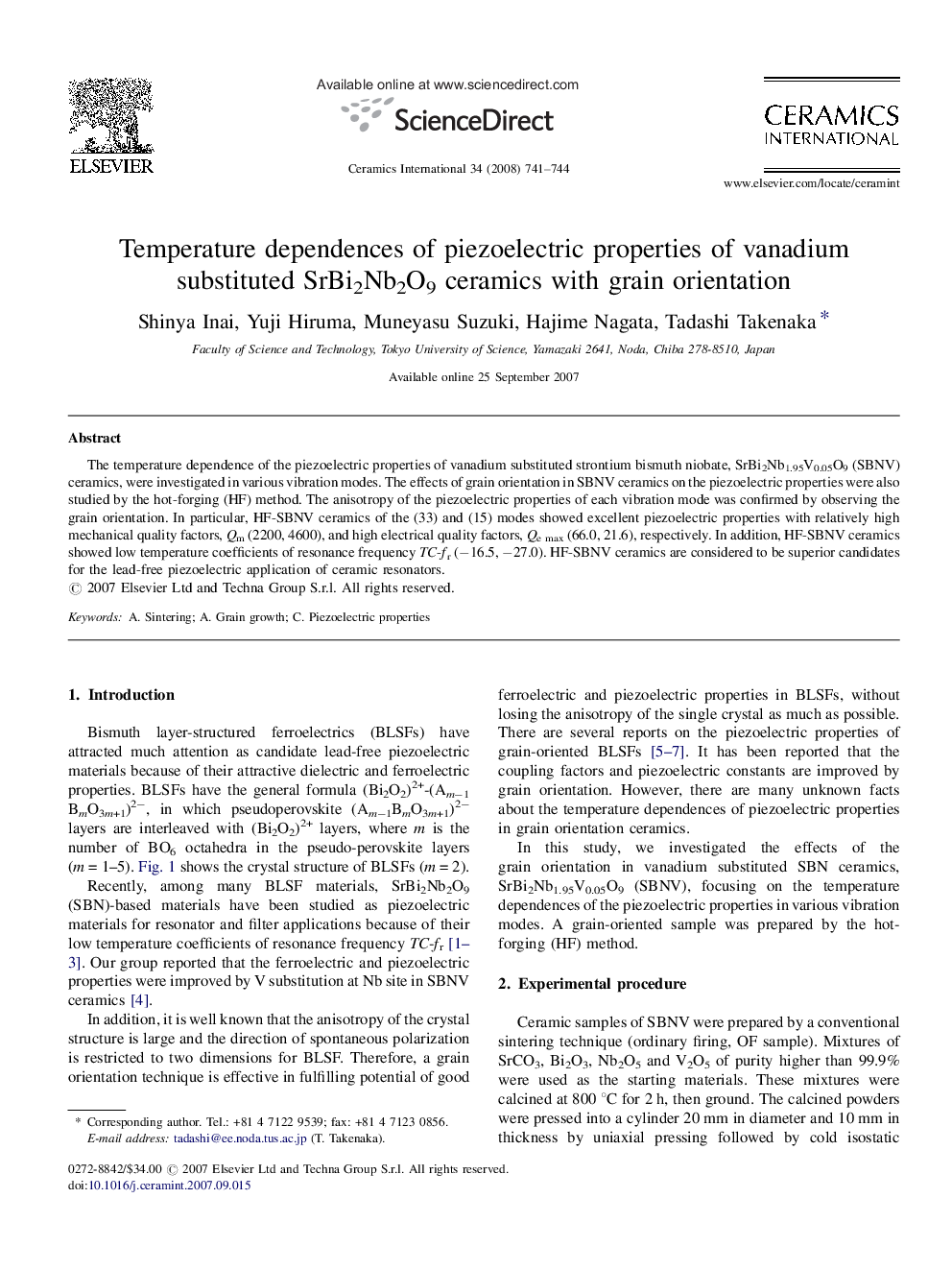 Temperature dependences of piezoelectric properties of vanadium substituted SrBi2Nb2O9 ceramics with grain orientation