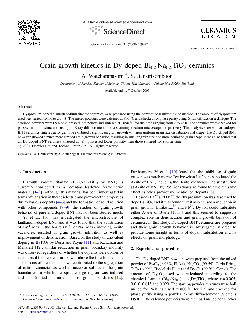 Grain growth kinetics in Dy-doped Bi0.5Na0.5TiO3 ceramics