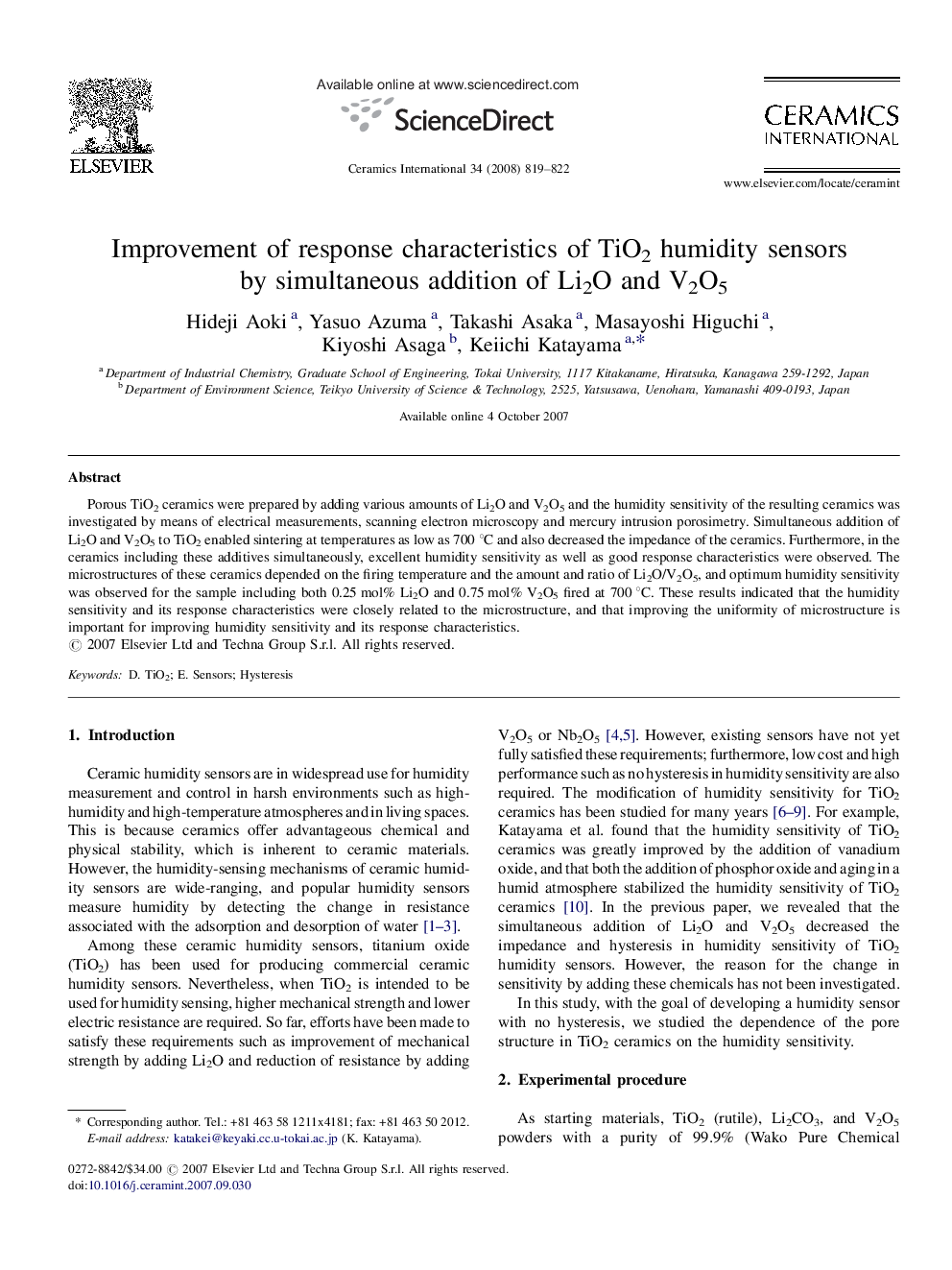 عکس صفحه اول مقاله: Improvement of response characteristics of TiO2 humidity sensors by simultaneous addition of Li2O and V2O5 Improvement of response characteristics of TiO2 humidity sensors by simultaneous addition of Li2O and V2O5