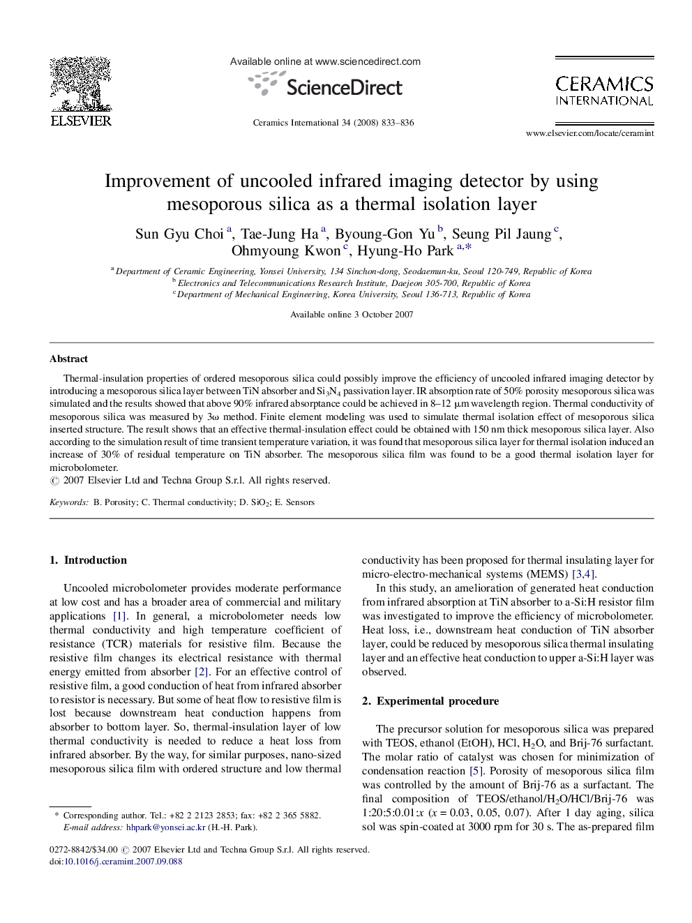 Improvement of uncooled infrared imaging detector by using mesoporous silica as a thermal isolation layer