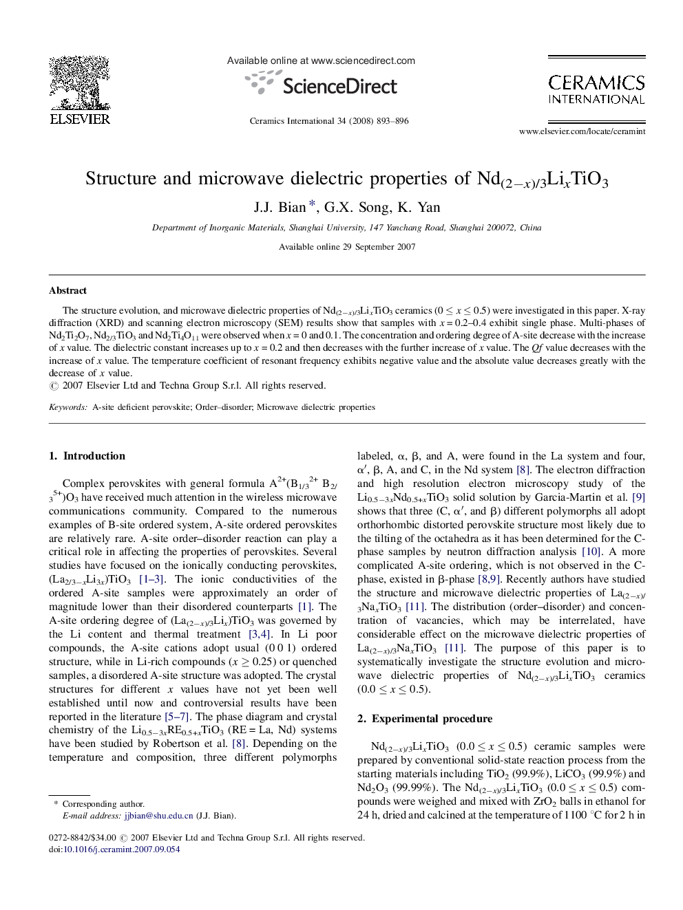 عکس صفحه اول مقاله: Structure and microwave dielectric properties of Nd(2−x)/3LixTiO3 Structure and microwave dielectric properties of Nd(2−x)/3LixTiO3