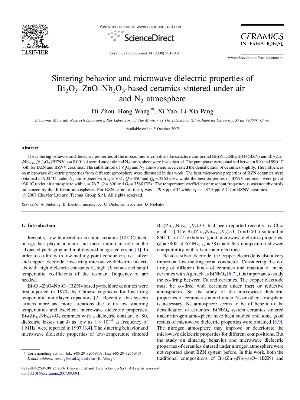 Sintering behavior and microwave dielectric properties of Bi2O3-ZnO-Nb2O5-based ceramics sintered under air and N2 atmosphere