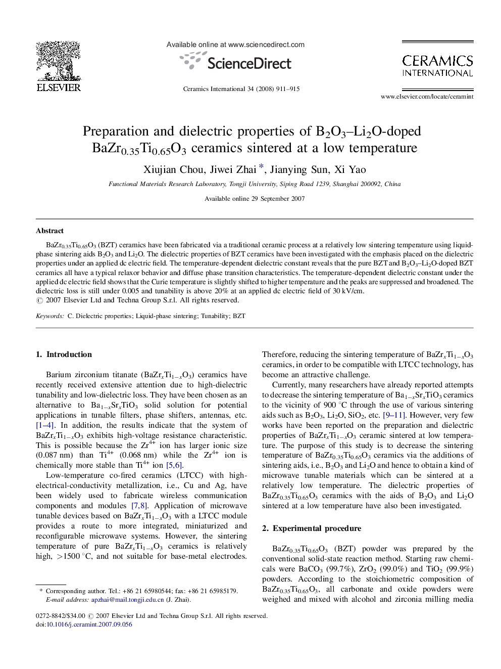 Preparation and dielectric properties of B2O3-Li2O-doped BaZr0.35Ti0.65O3 ceramics sintered at a low temperature