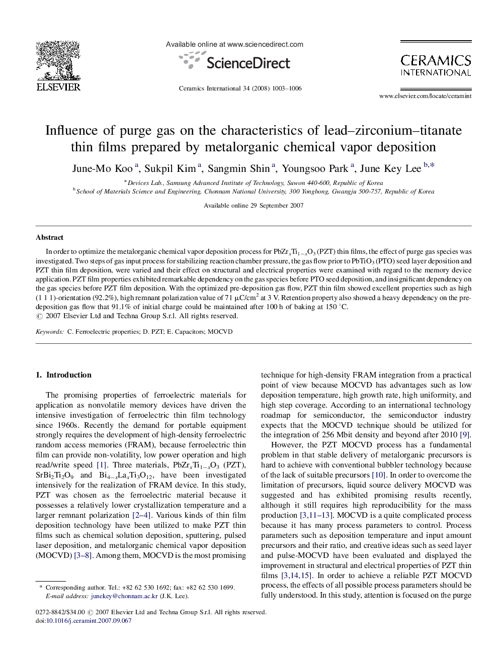 Influence of purge gas on the characteristics of lead–zirconium–titanate thin films prepared by metalorganic chemical vapor deposition