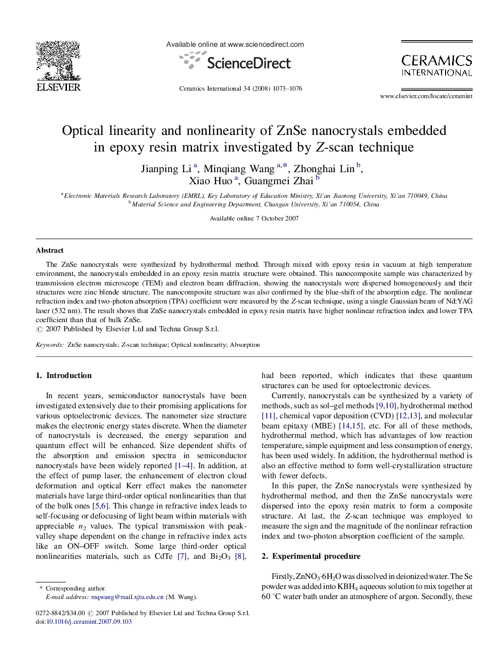 Optical linearity and nonlinearity of ZnSe nanocrystals embedded in epoxy resin matrix investigated by Z-scan technique