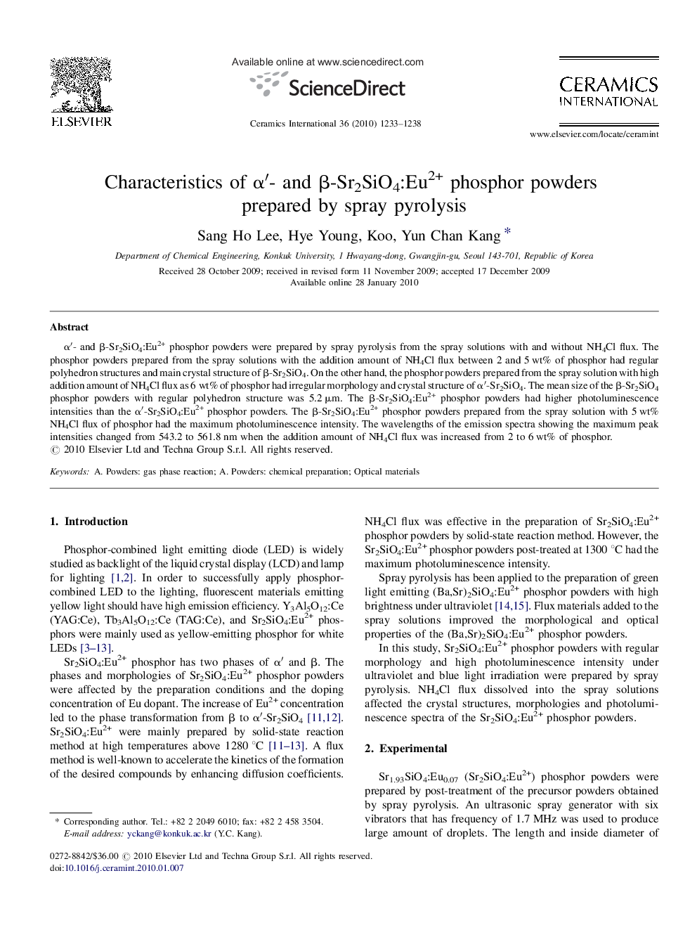 Characteristics of α′- and β-Sr2SiO4:Eu2+ phosphor powders prepared by spray pyrolysis