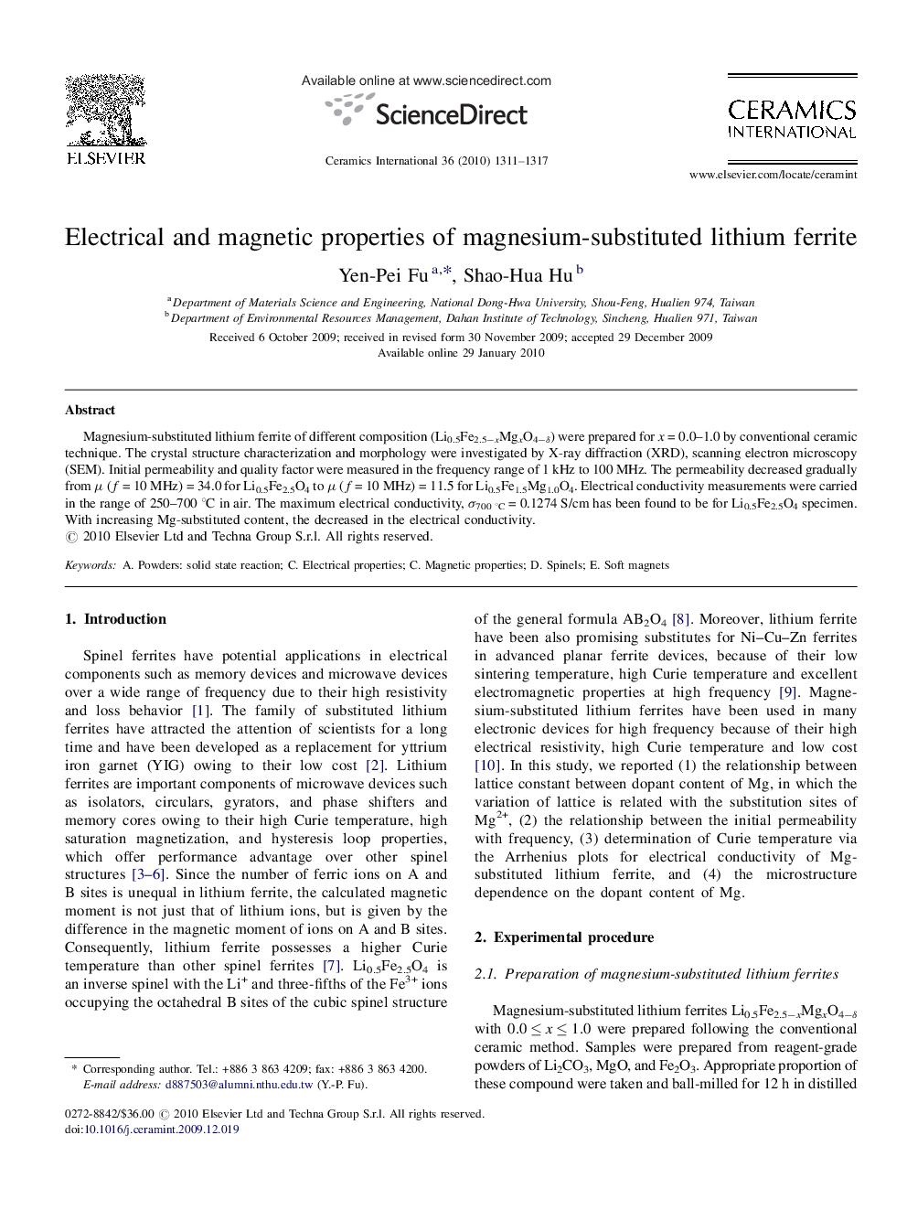 Electrical and magnetic properties of magnesium-substituted lithium ferrite