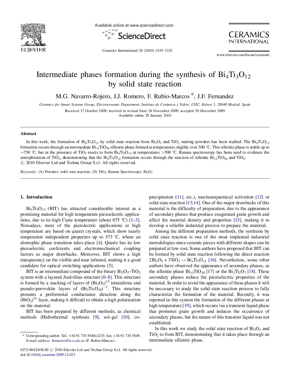 عکس صفحه اول مقاله: Intermediate phases formation during the synthesis of Bi4Ti3O12 by solid state reaction Intermediate phases formation during the synthesis of Bi4Ti3O12 by solid state reaction