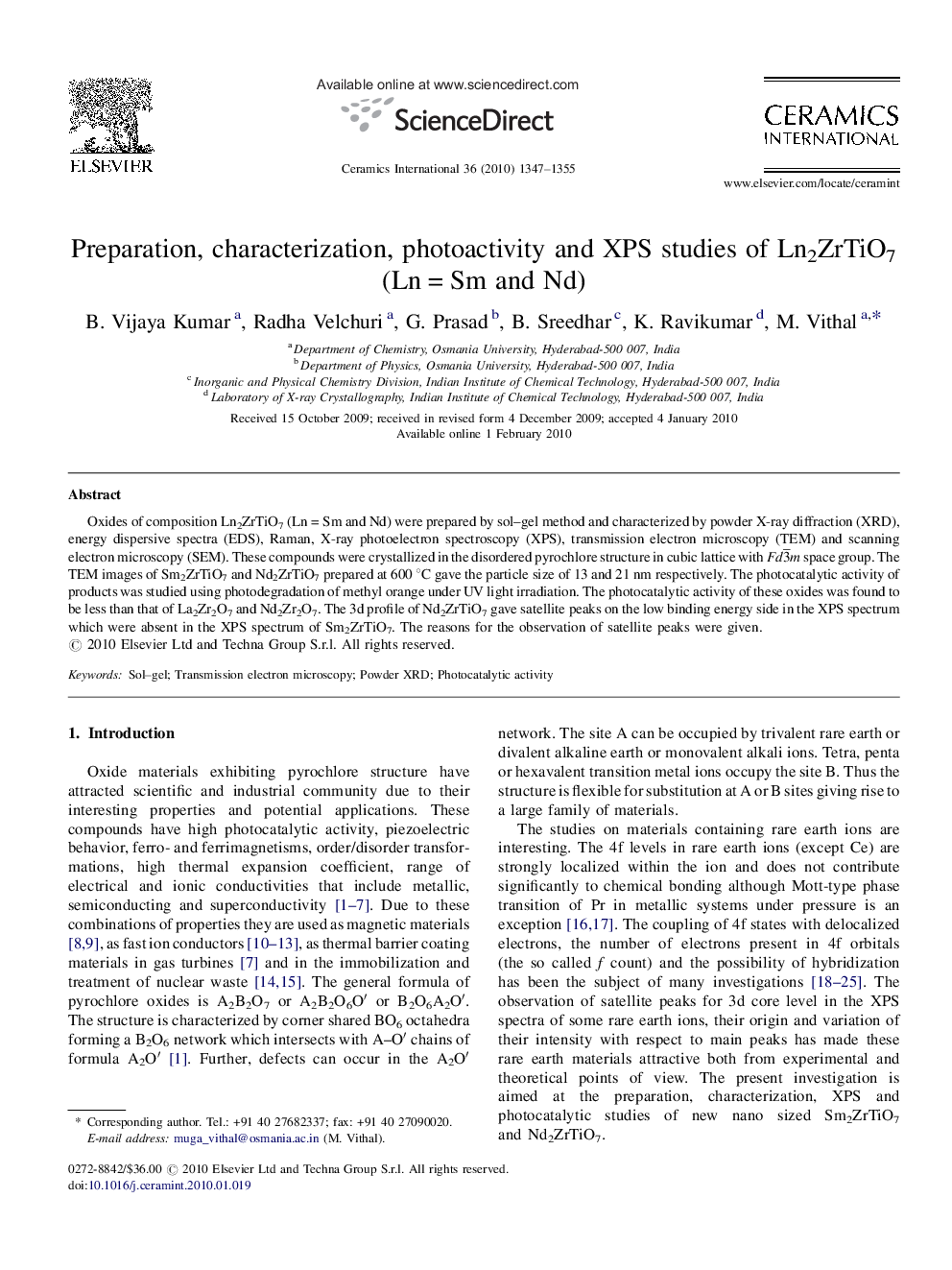 Preparation, characterization, photoactivity and XPS studies of Ln2ZrTiO7 (Ln = Sm and Nd)