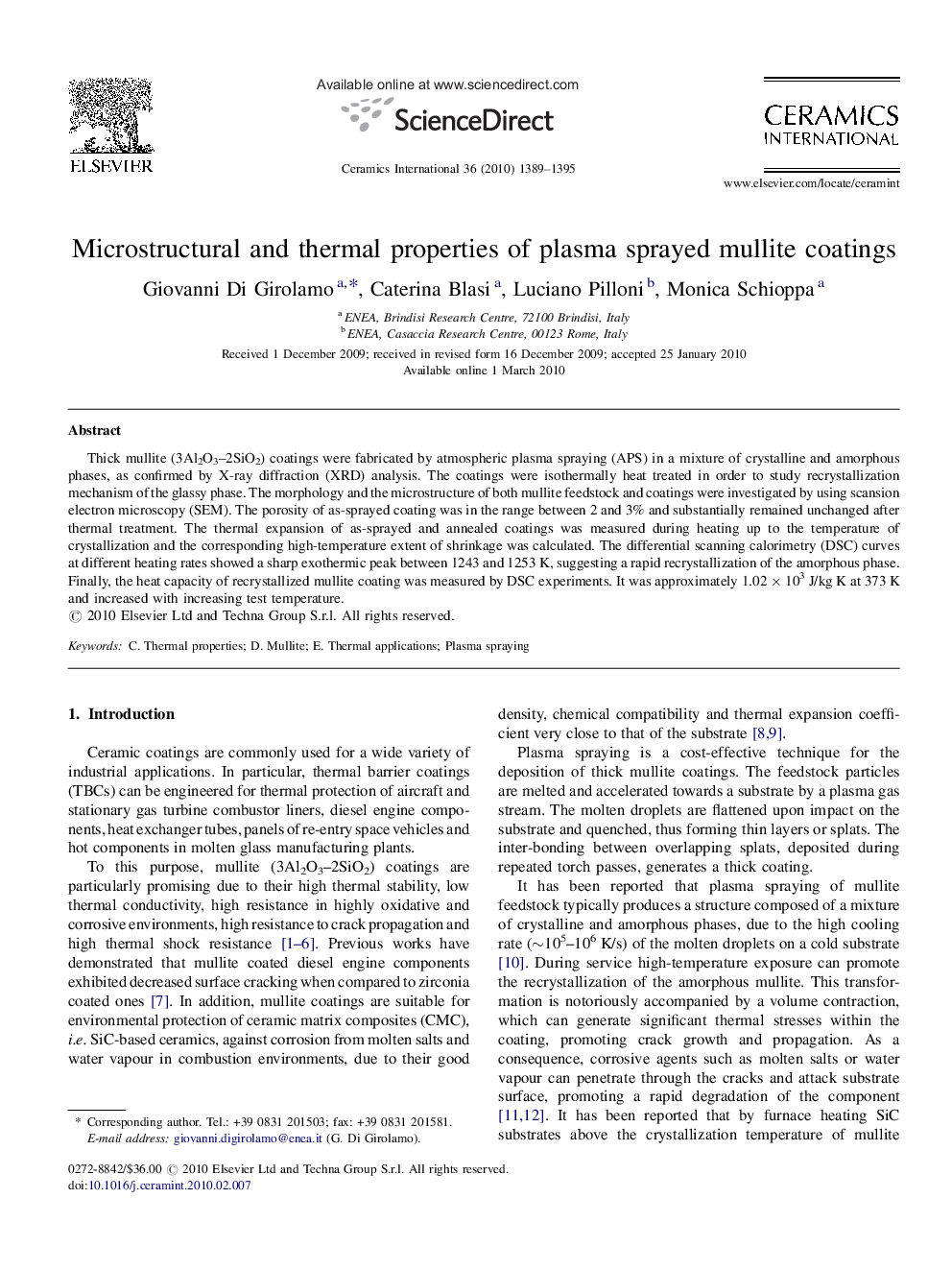 Microstructural and thermal properties of plasma sprayed mullite coatings