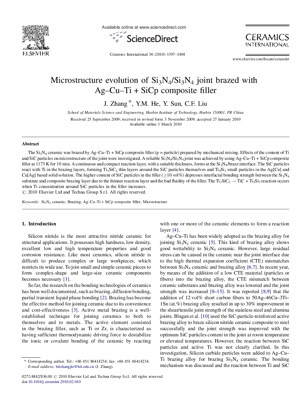 Microstructure evolution of Si3N4/Si3N4 joint brazed with Ag–Cu–Ti + SiCp composite filler