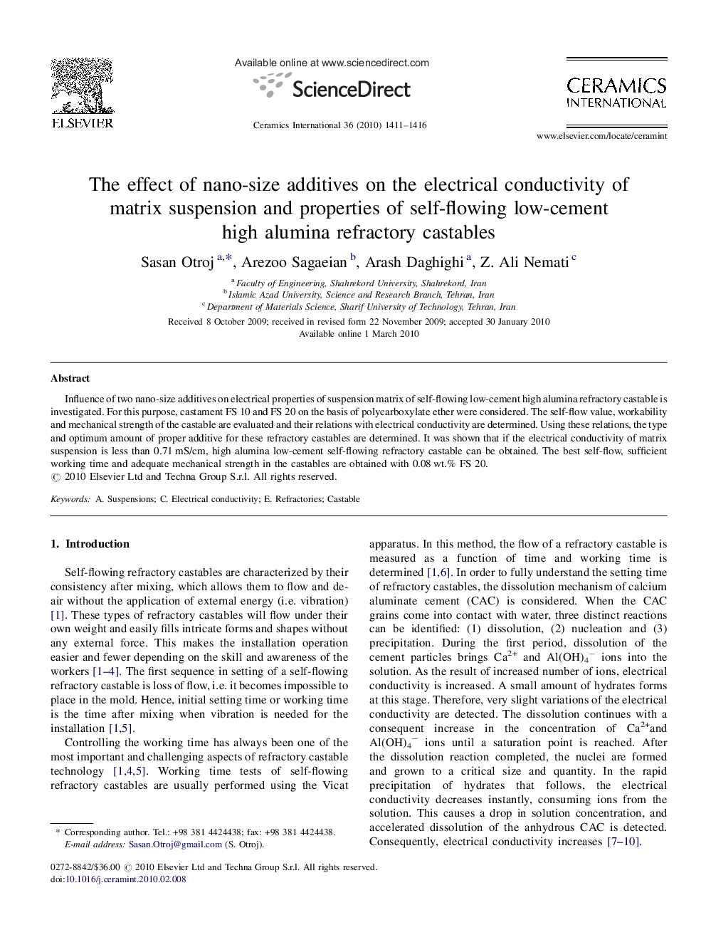 The effect of nano-size additives on the electrical conductivity of matrix suspension and properties of self-flowing low-cement high alumina refractory castables