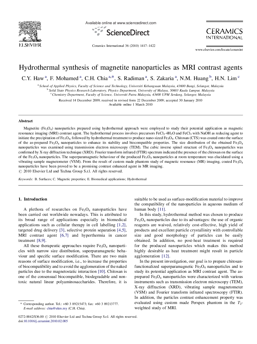 Hydrothermal synthesis of magnetite nanoparticles as MRI contrast agents