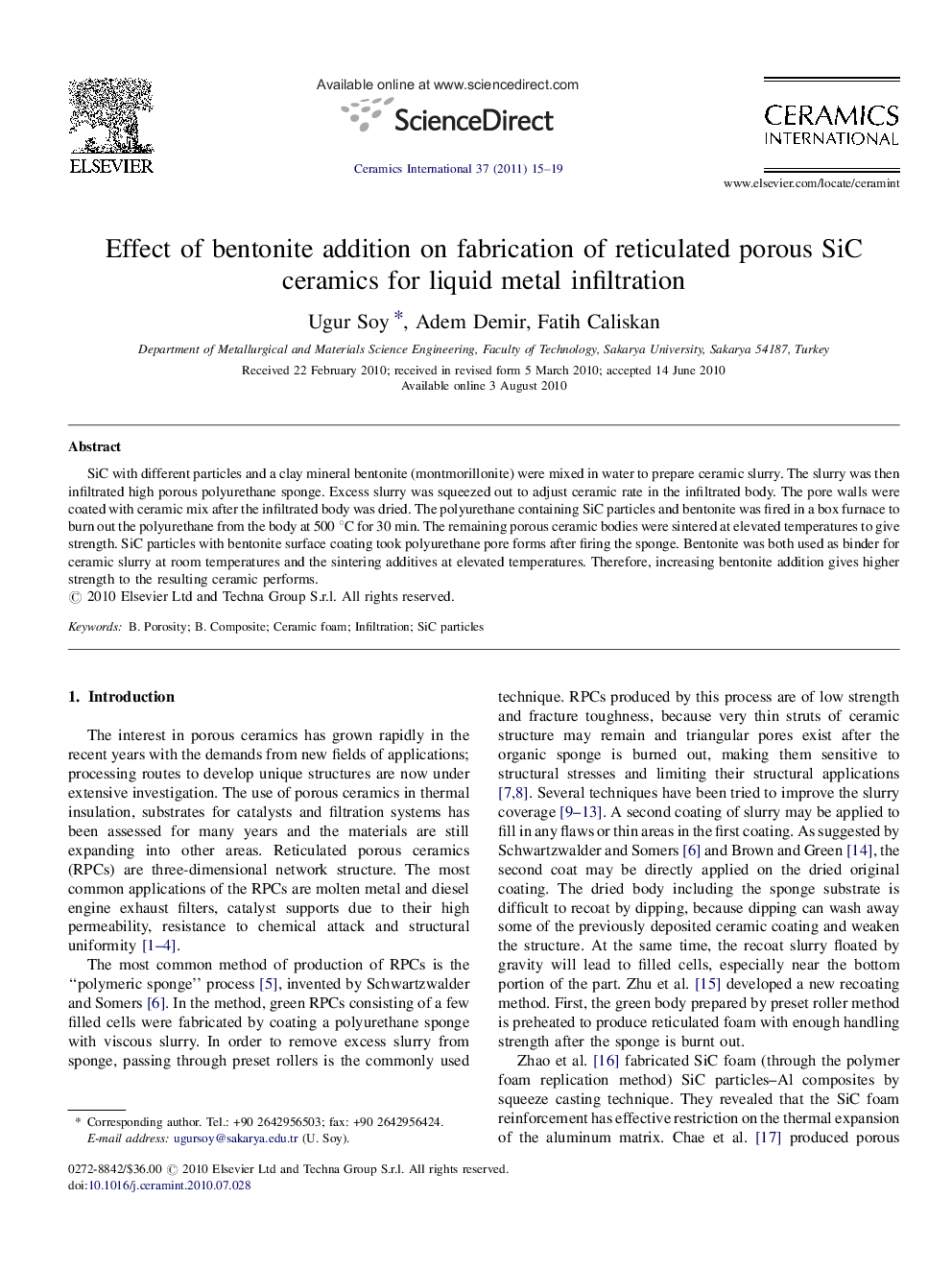 Effect of bentonite addition on fabrication of reticulated porous SiC ceramics for liquid metal infiltration