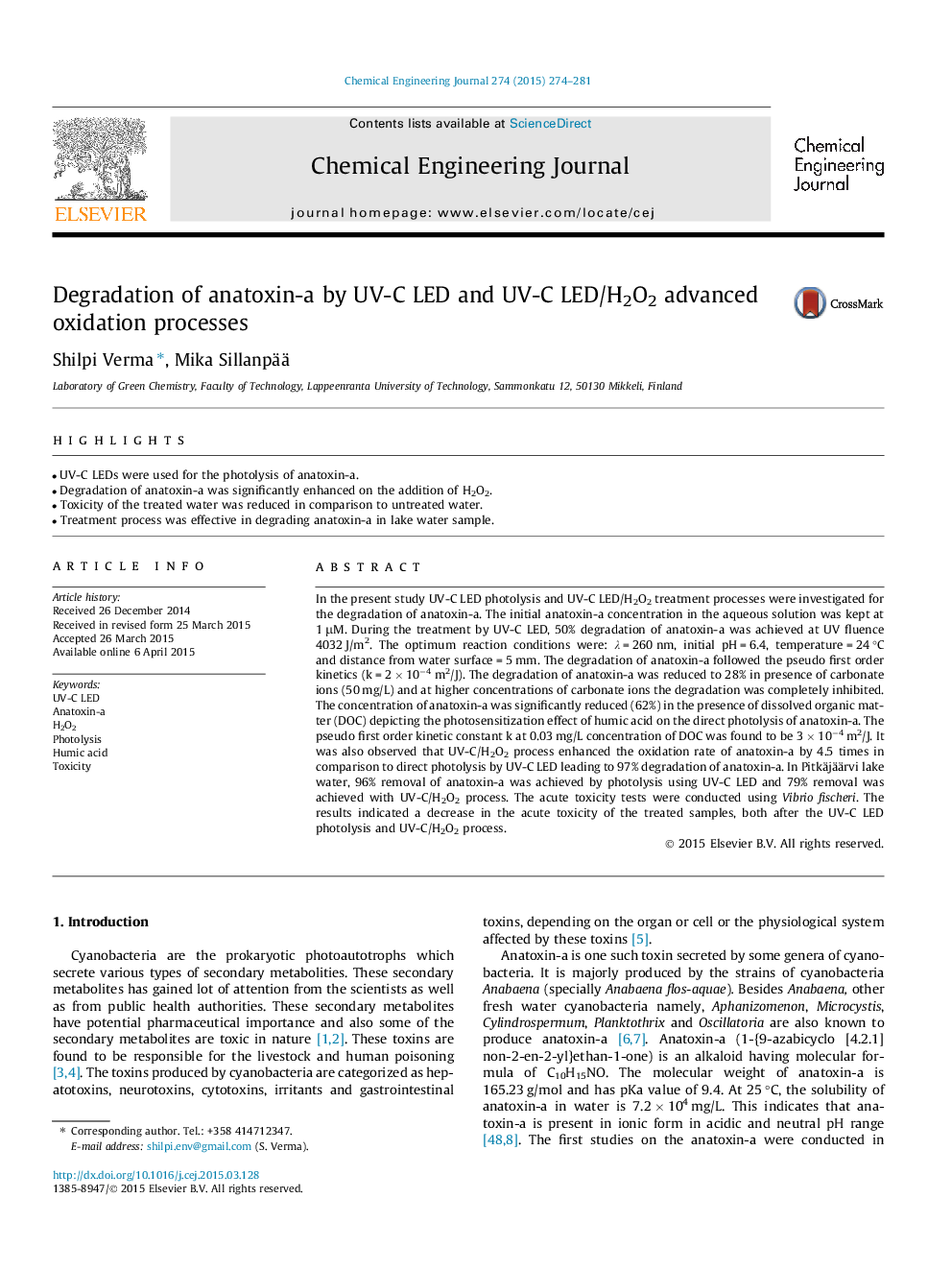 عکس صفحه اول مقاله: Degradation of anatoxin-a by UV-C LED and UV-C LED/H2O2 advanced oxidation processes Degradation of anatoxin-a by UV-C LED and UV-C LED/H2O2 advanced oxidation processes