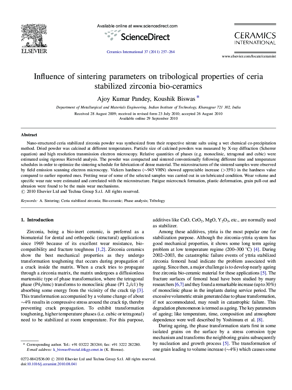 Influence of sintering parameters on tribological properties of ceria stabilized zirconia bio-ceramics