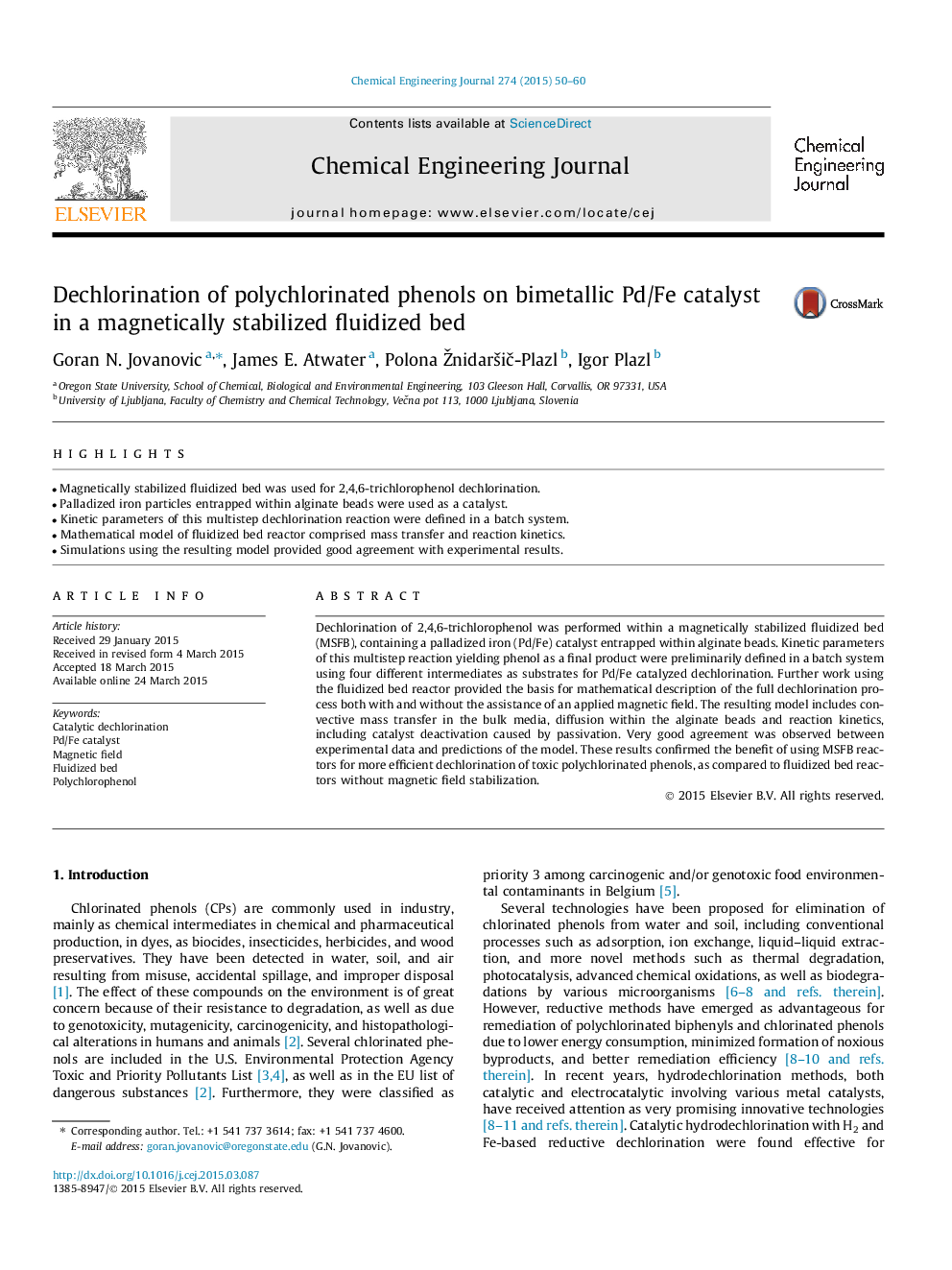 عکس صفحه اول مقاله: Dechlorination of polychlorinated phenols on bimetallic Pd/Fe catalyst in a magnetically stabilized fluidized bed Dechlorination of polychlorinated phenols on bimetallic Pd/Fe catalyst in a magnetically stabilized fluidized bed