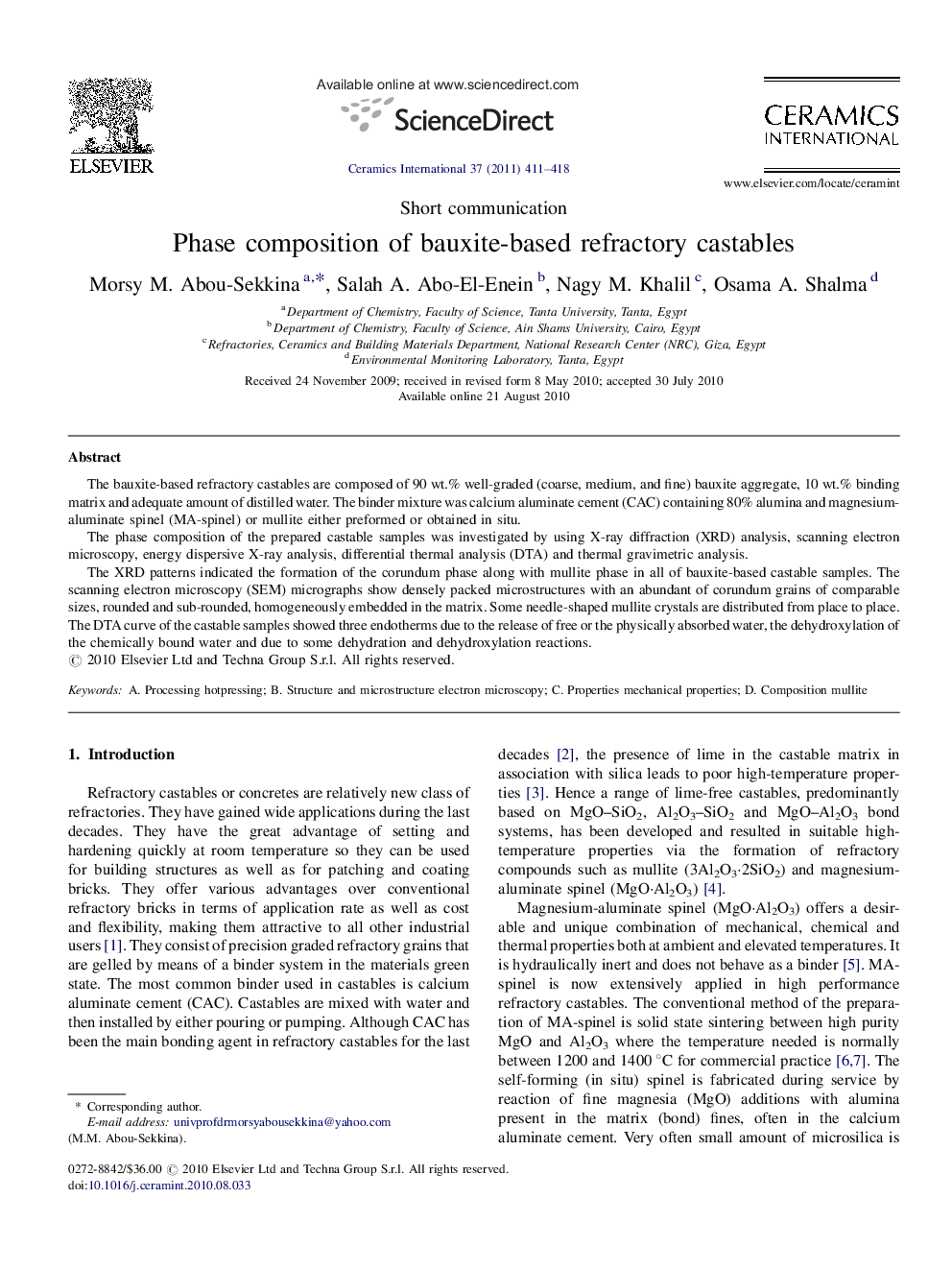 عکس صفحه اول مقاله: Phase composition of bauxite-based refractory castables Phase composition of bauxite-based refractory castables