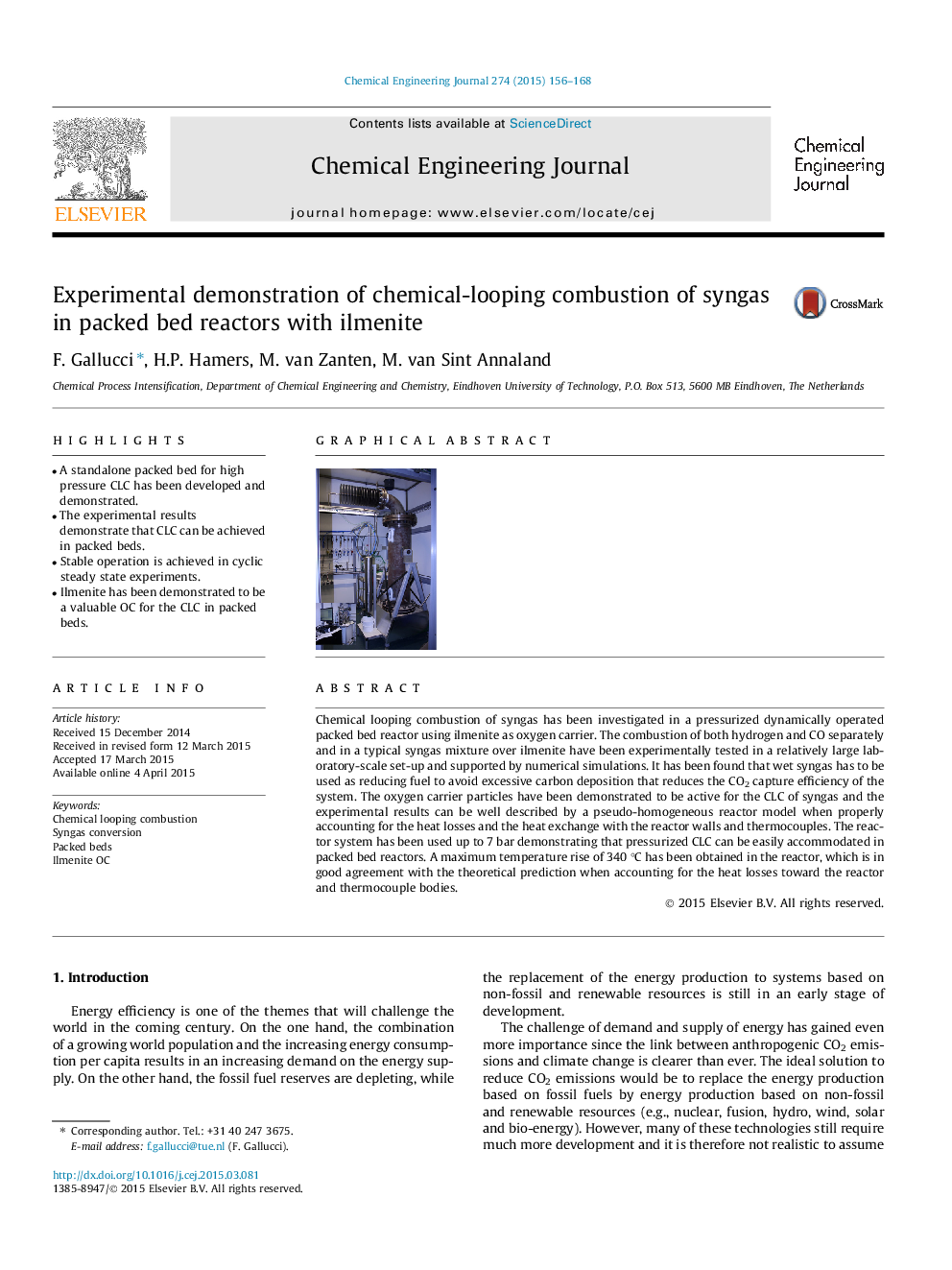 Experimental demonstration of chemical-looping combustion of syngas in packed bed reactors with ilmenite