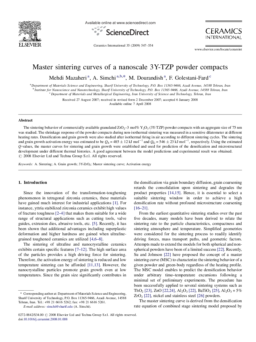 Master sintering curves of a nanoscale 3Y-TZP powder compacts