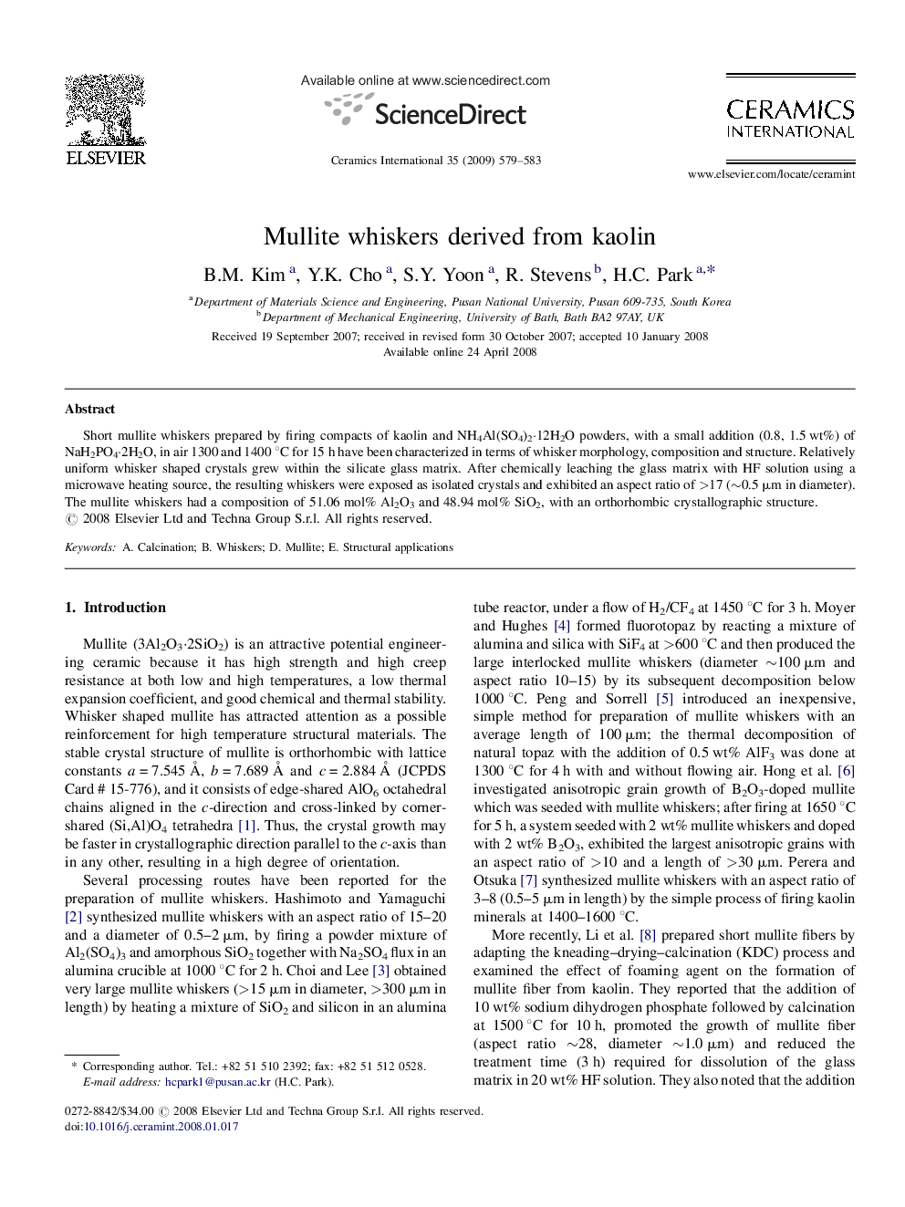 Mullite whiskers derived from kaolin