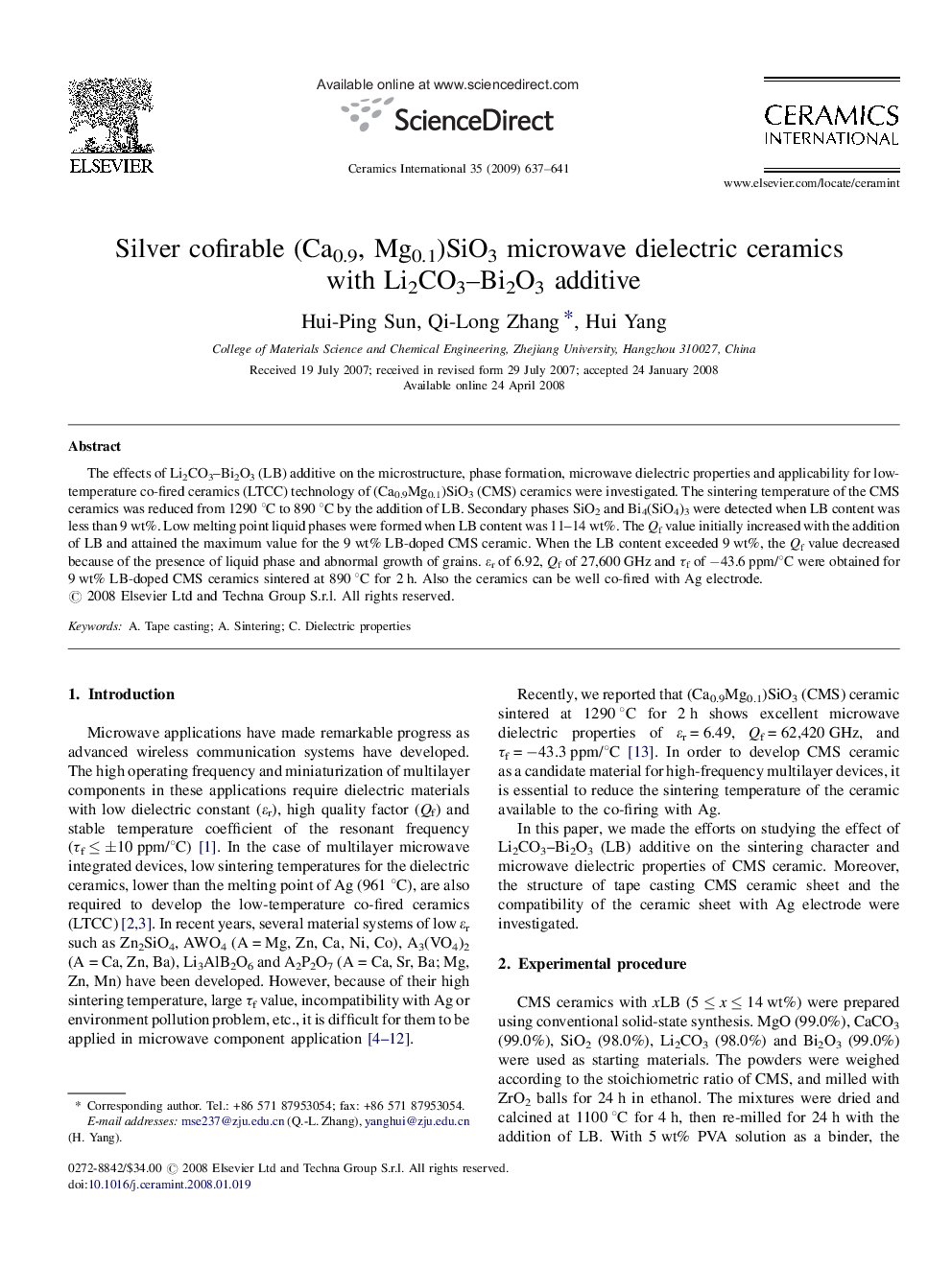 عکس صفحه اول مقاله: Silver cofirable (Ca0.9, Mg0.1)SiO3 microwave dielectric ceramics with Li2CO3–Bi2O3 additive Silver cofirable (Ca0.9, Mg0.1)SiO3 microwave dielectric ceramics with Li2CO3–Bi2O3 additive