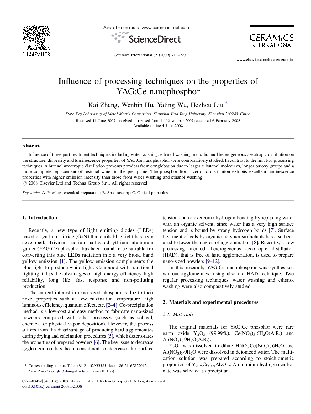 عکس صفحه اول مقاله: Influence of processing techniques on the properties of YAG:Ce nanophosphor Influence of processing techniques on the properties of YAG:Ce nanophosphor