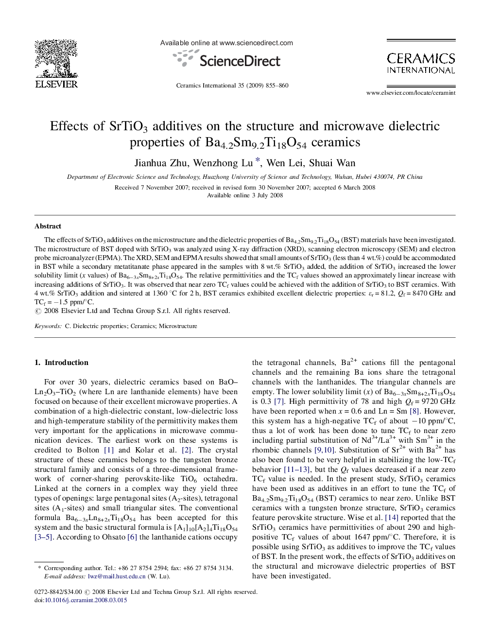 عکس صفحه اول مقاله: Effects of SrTiO3 additives on the structure and microwave dielectric properties of Ba4.2Sm9.2Ti18O54 ceramics Effects of SrTiO3 additives on the structure and microwave dielectric properties of Ba4.2Sm9.2Ti18O54 ceramics