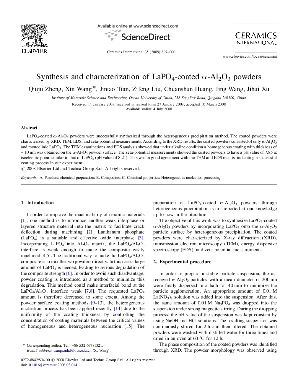 عکس صفحه اول مقاله: Synthesis and characterization of LaPO4-coated α-Al2O3 powders Synthesis and characterization of LaPO4-coated α-Al2O3 powders