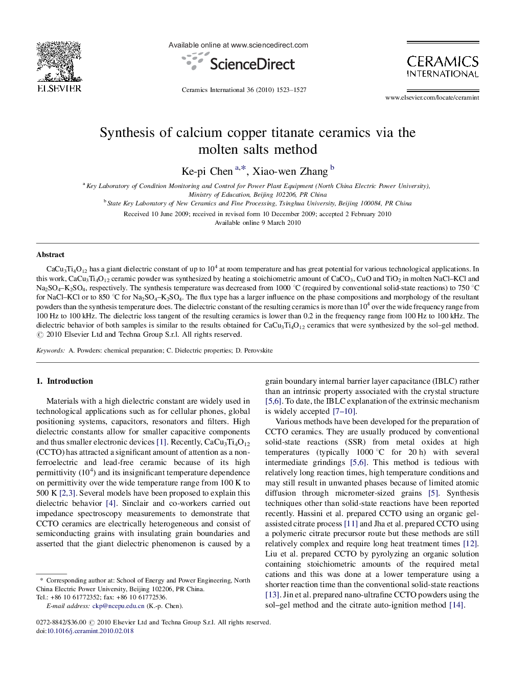 عکس صفحه اول مقاله: Synthesis of calcium copper titanate ceramics via the molten salts method Synthesis of calcium copper titanate ceramics via the molten salts method