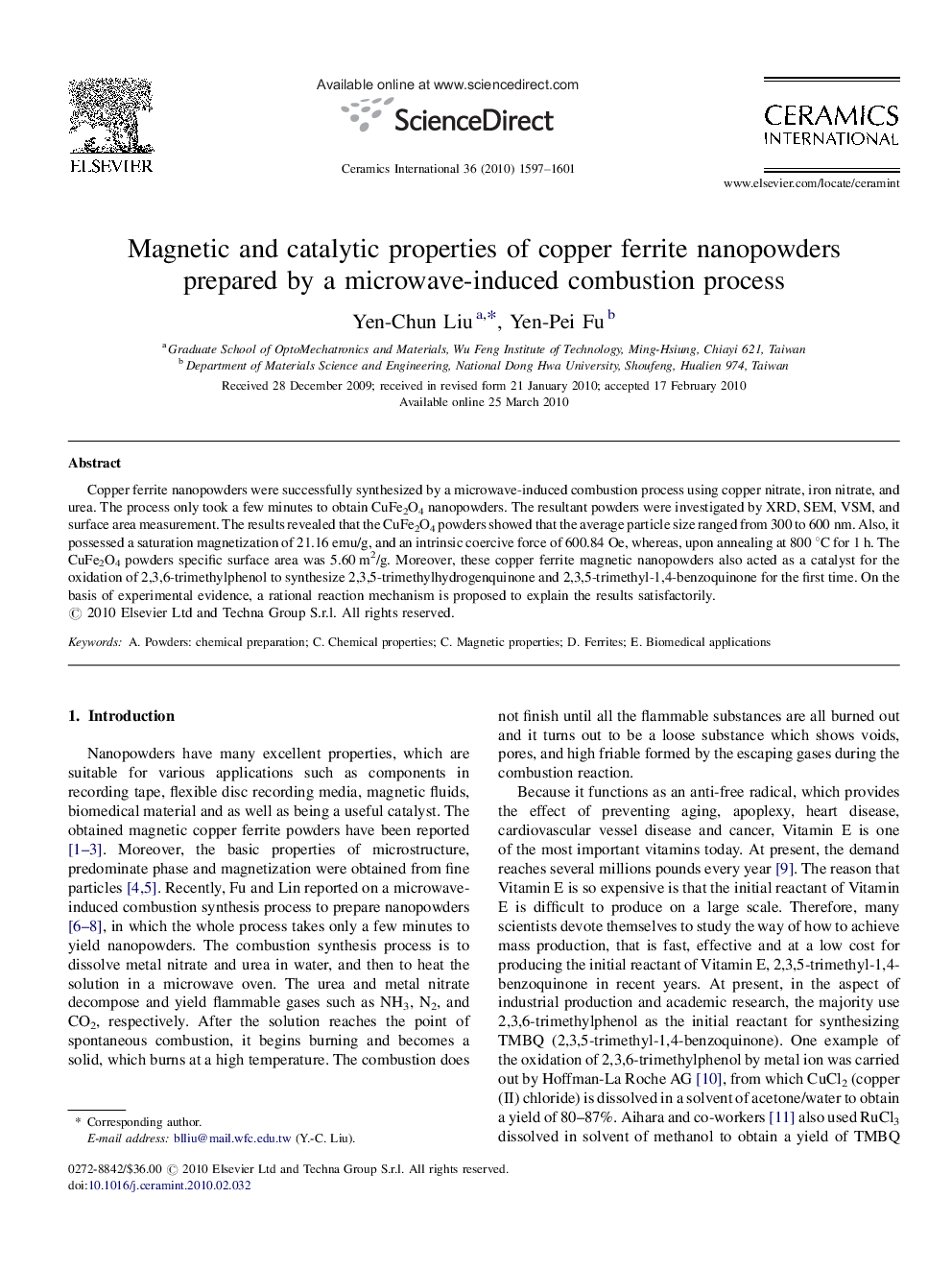 Magnetic and catalytic properties of copper ferrite nanopowders prepared by a microwave-induced combustion process