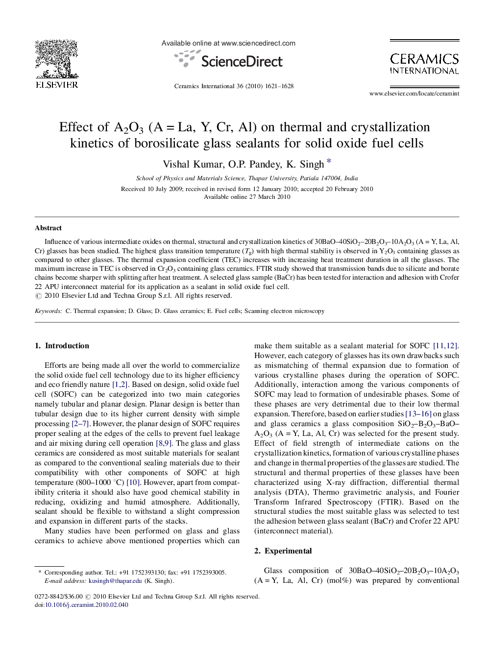 Effect of A2O3 (A = La, Y, Cr, Al) on thermal and crystallization kinetics of borosilicate glass sealants for solid oxide fuel cells