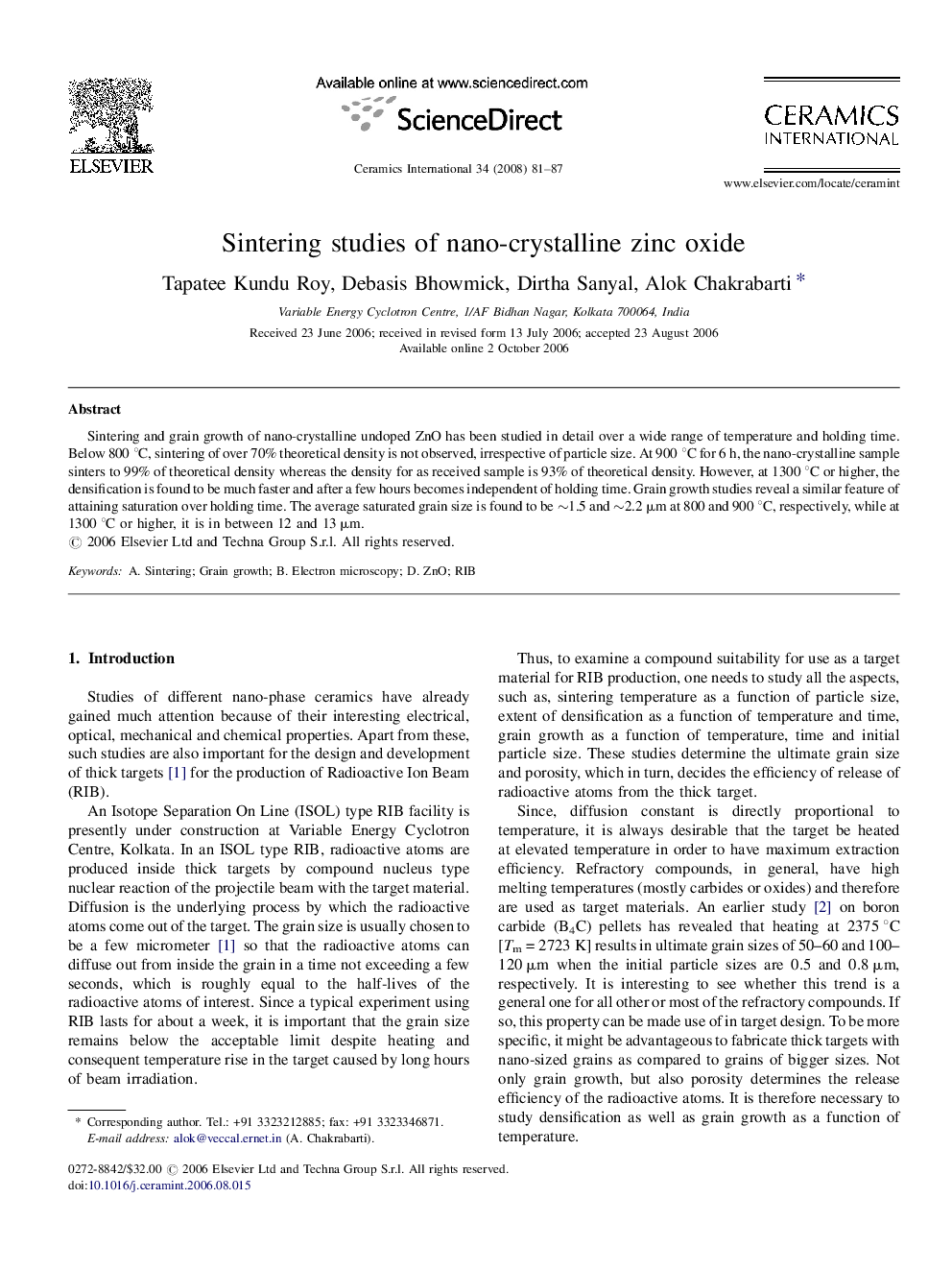 Sintering studies of nano-crystalline zinc oxide