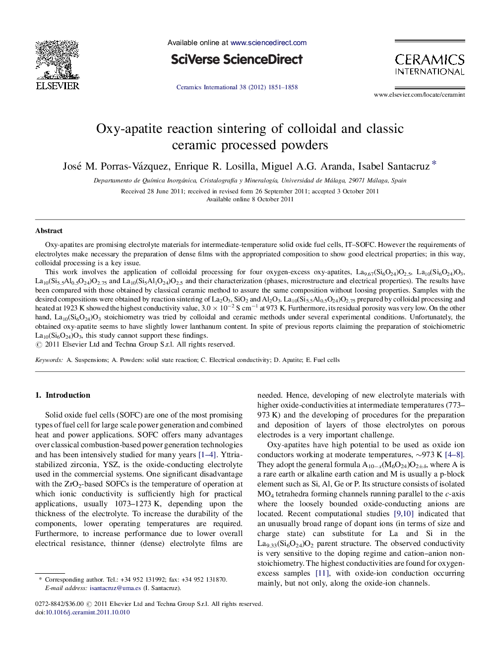 Oxy-apatite reaction sintering of colloidal and classic ceramic processed powders